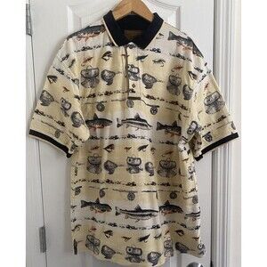 North River Men's Graphic Tan Fly Fishing Size XL Short Sleeve CollarPolo Shirt